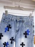 Chrome Hearts High Street Black Blue Leather Cross Denim Shorts Unisex Casual Washed Shorts