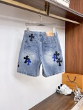 Chrome Hearts High Street Black Blue Leather Cross Denim Shorts Unisex Casual Washed Shorts