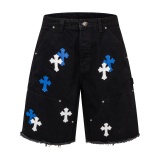 Chrome Hearts Fashion Blue White Leather Cross Denim Shorts Couple Casual Versatile Shorts