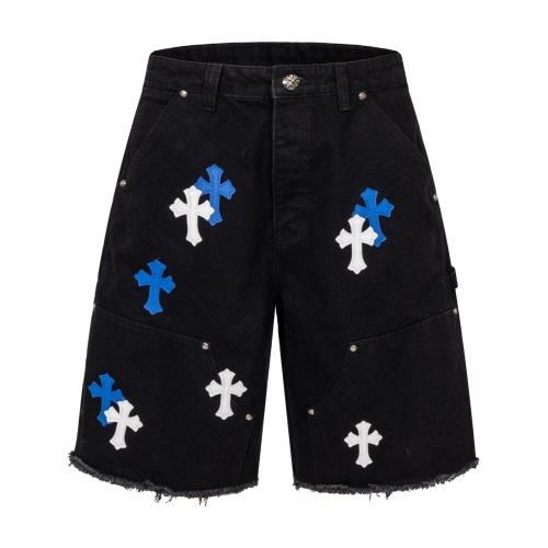 Chrome Hearts Fashion Blue White Leather Cross Denim Shorts Couple Casual Versatile Shorts