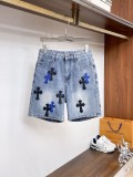 Chrome Hearts High Street Black Blue Leather Cross Denim Shorts Unisex Casual Washed Shorts