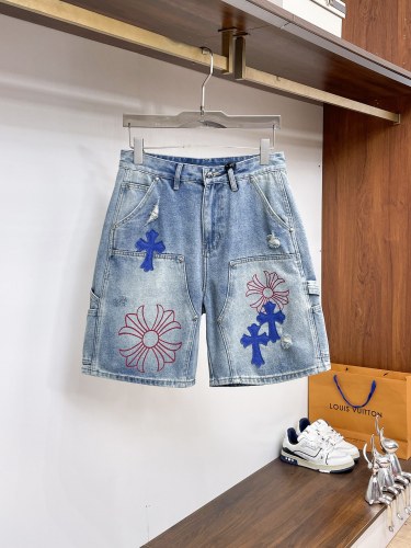 Chrome Hearts 26SS Fashion Leather Cross Denim Shorts Unisex Casual Washed Shorts