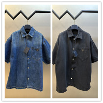 Prada Fashion Versatile Triangle Logo Denim Short Sleeved Shirt Prada Fashion Versatile Triangle Logo Denim Short Sleeved Shirt