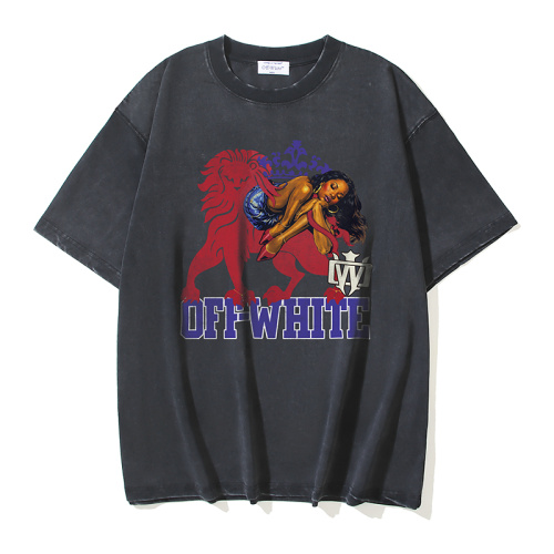 Off White Retro Lion Women's Printed Short Sleeve Unisex Casual Versatile Washed T-shirt