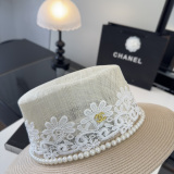Chanel New Fashion Pearl Flat Top Hat Sunshade Hat 57 CM