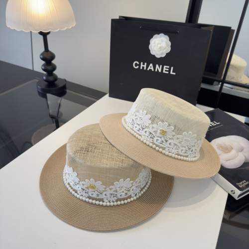Chanel New Fashion Pearl Flat Top Hat Sunshade Hat 57 CM