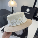 Chanel New Fashion Pearl Flat Top Hat Sunshade Hat 57 CM