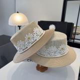 Chanel New Fashion Pearl Flat Top Hat Sunshade Hat 57 CM