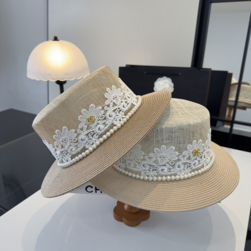 Chanel New Fashion Pearl Flat Top Hat Sunshade Hat 57 CM
