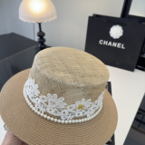 Chanel New Fashion Pearl Flat Top Hat Sunshade Hat 57 CM