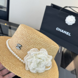 Chanel Women's Fashion Pearl Flower Grass Hat Versatile Sunshade Hat 57 CM