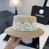 Chanel New Fashion Pearl Flat Top Hat Sunshade Hat 57 CM