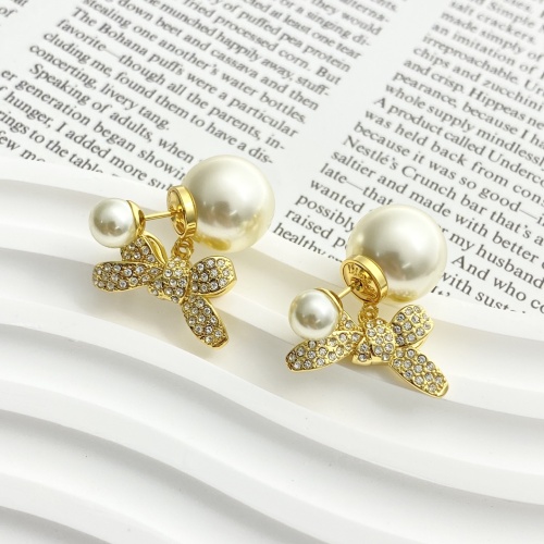 Dior New Fashion Versatile Full Diamond Bow Double Ball Pearl Earrings