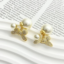 Dior New Fashion Versatile Full Diamond Bow Double Ball Pearl Earrings Dior New Fashion Versatile Full Diamond Bow Double Ball Pearl Earrings