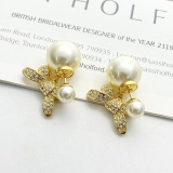 Dior New Fashion Versatile Full Diamond Bow Double Ball Pearl Earrings