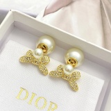 Dior New Fashion Versatile Full Diamond Bow Double Ball Pearl Earrings