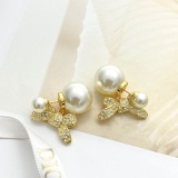 Dior New Fashion Versatile Full Diamond Bow Double Ball Pearl Earrings