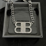 Balenciaga Fashion Versatile Diamond Set BB Pendant Cuban Chain Necklace