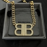 Balenciaga Fashion Versatile Diamond Set BB Pendant Cuban Chain Necklace