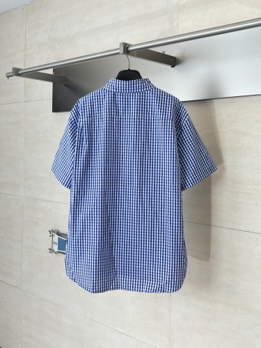 Loewe 26SS Fashion Versatile Embroidered Logo Blue White Grid Casual Short Sleeve Shirt