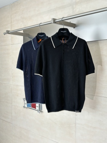 Prada 26SS Fashion Versatile Logo Jacquard Mesh Knitted Short Sleeve Polo Shirt