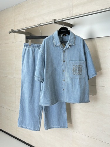 Loewe Fashion Embroidered Logo Water Washed Short Sleeve Shirt Couple Versatile Casual Jeans Set