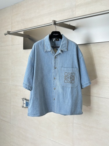 Loewe Fashion Embroidered Logo Water Washed Short Sleeve Shirt Couple Versatile Casual Jeans Set