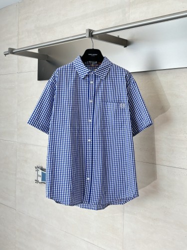 Loewe 26SS Fashion Versatile Embroidered Logo Blue White Grid Casual Short Sleeve Shirt