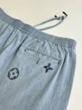 Louis Vuitton Fashion Embroidered Logo Water Washed Short Sleeve Shirt Couple Versatile Casual Denim Shorts Set