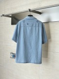 Louis Vuitton Fashion Embroidered Logo Water Washed Short Sleeve Shirt Couple Versatile Casual Denim Shorts Set