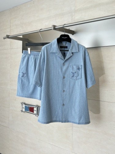 Louis Vuitton Fashion Embroidered Logo Water Washed Short Sleeve Shirt Couple Versatile Casual Denim Shorts Set