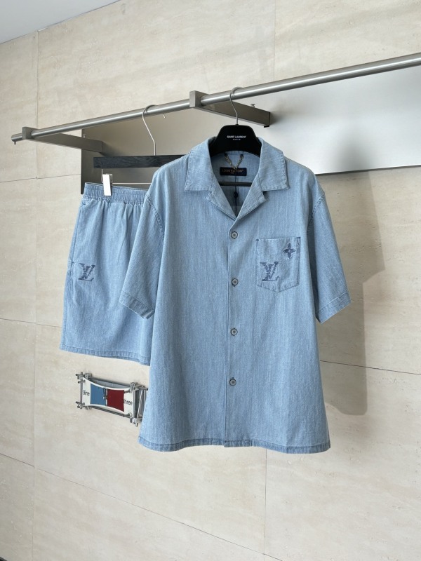 Louis Vuitton Fashion Embroidered Logo Water Washed Short Sleeve Shirt Couple Versatile Casual Denim Shorts Set