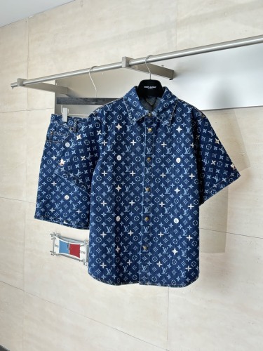 Louis Vuitton 26SS High Street Embroidered Flower Short Sleeve Denim Shirt Couple Casual Versatile Denim Shorts Set