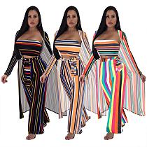 women fashion striped wide leg pants clothing set outfits with cover up MN166