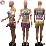 9041501 Hot sale women off shoulder crop top and mini skirts two pieces set