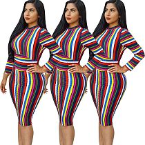 Fashion circular collar color stripe long sleeve skirt set ARM8001