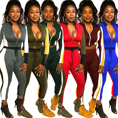 women fashion contrast color long sleeve top and pants two piece set outfits OPL5287