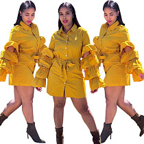 FNDN8183 women fashion yellow button up shirt dress with lantern sleeves FNDN8183