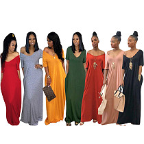 9040106 Women fashion solid short sleeve loose maxi dresses