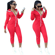 MVL9041 women fashion red hooded zip front jumpsuit MVL9041
