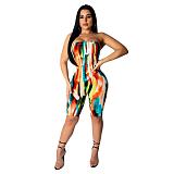 9032501 New design printed strapless bandage bodycon jumpsuit