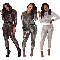 latest women shiny sparkle sequin long sleeve two piece pants set  MDY122