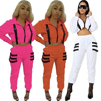 9031217 Fashion zipper solid crop top and long pants two piece suit outfit