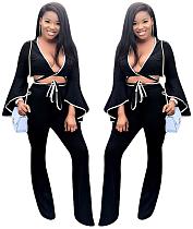 women fashion black bondage cleavage top and flare pants two piece set YMT6041