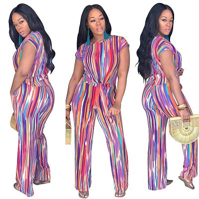 9031221 Fashion colorful striped printed crop top and pants set