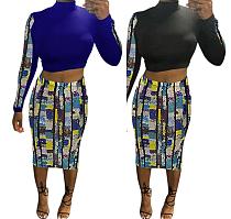 women fashion printed crop top and maxi skirt bandage two piece set WNAK8657