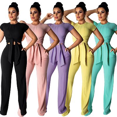 9040123 women fashion casual solid top and wide leg pants two piece set