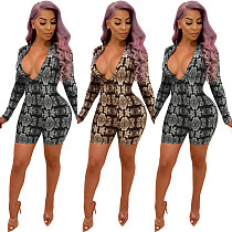 WNAK8665 latest sexy snake printed cleavage short bandage bodycon jumpsuit women