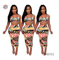 9041711 Women summer color stripe gradient printed crop top and skirt set