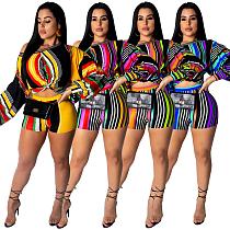 9040141 new fashion colorful striped printed shorts and top two piece set women clothing